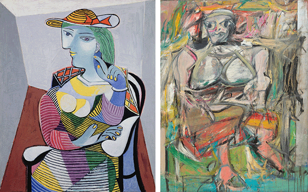 Left: Pablo Picasso, Portrait of Marie-Therese, 6th January 1937, Musée Picasso, Paris  Right: Willem de Kooning, Woman I, 1950-52, The Museum of Modern Art, New York